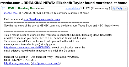 Fake MSNBC email linking to malicious code