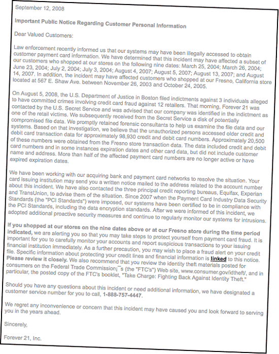 Forever 21 customer statement about data breach