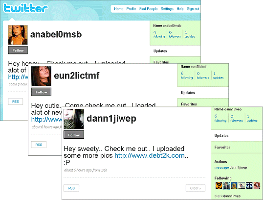 Spammers promoting websites via Twitter