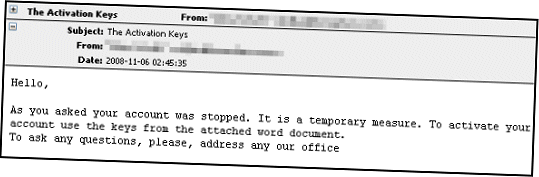 Dangerous email about activation keys containing malicious attachment