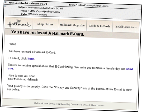 An email claiming to contain a link to a Hallmark ecard