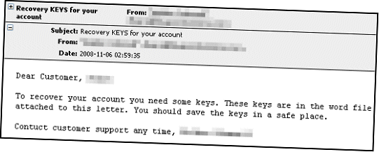 Dangerous email about recovery keys containing malicious attachment