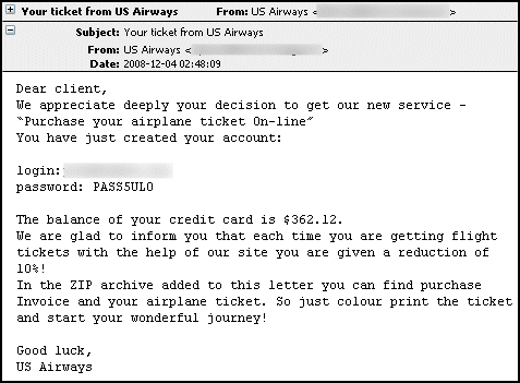 Malicious email pretending to be from US Airways