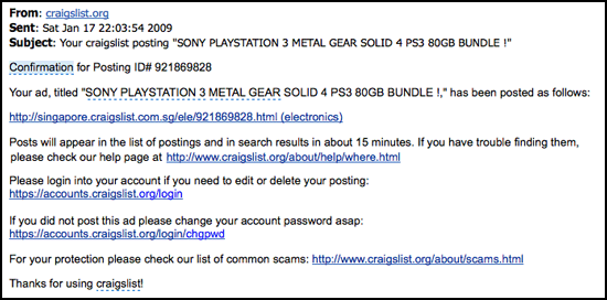Craigslist phishing email