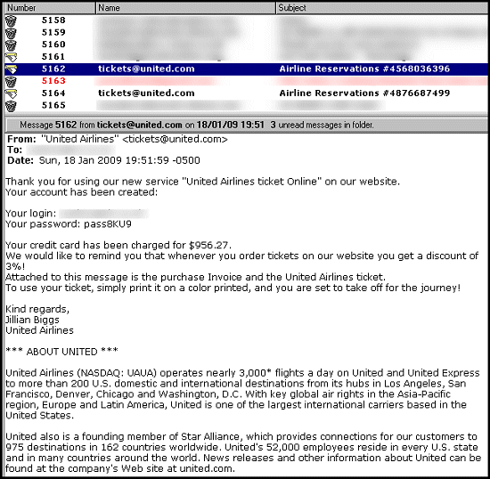United Airlines email with attached Trojan horse