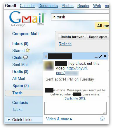 Google Talk message telling recipients to visit Viddyho's website