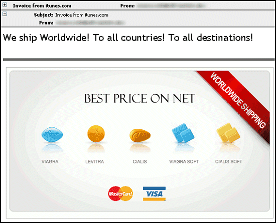 Viagra spam disguised as an iTunes invoice