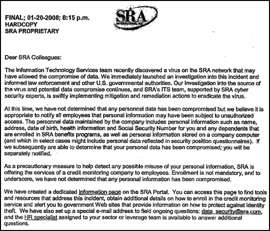 SRA letter SRA letter