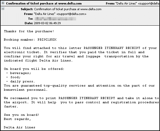 Malicious email claiming to come from Delta airlines