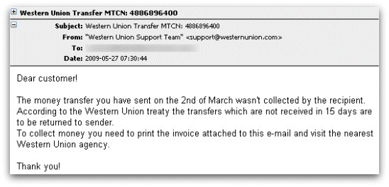Malicious email claiming to come from Western Union