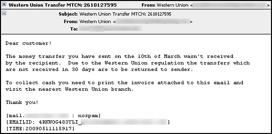 Malicious email claiming to come from Western Union