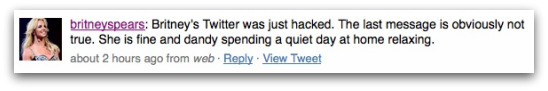 Post on Britney Spears Twitter account about being hacked