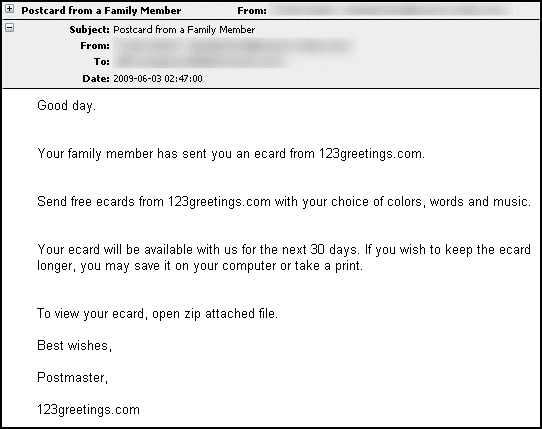 A malicious email claiming to be a postcard from a family member