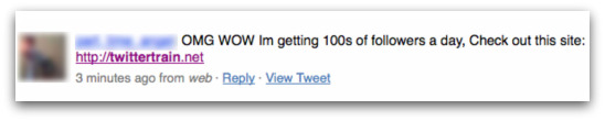 Twitter user advertising the Twittertrain website
