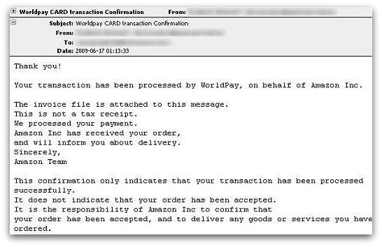 Email claiming to be Amazon invoice via Worldpay