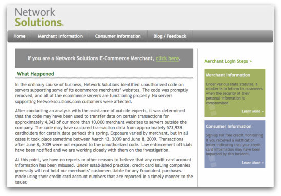 Information supplied by Network Solutions to affected customers and merchants