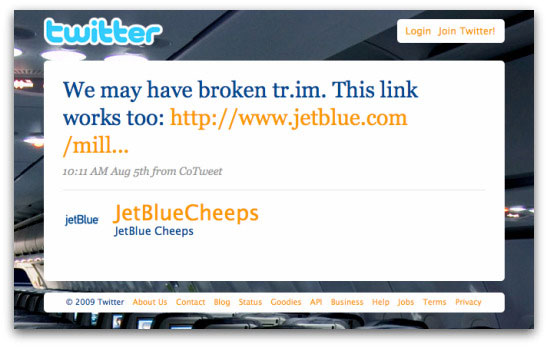 JetBlue tweets about tr.im downtime JetBlue tweets about tr.im downtime