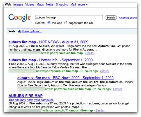 Malicious search results related to fires in California
