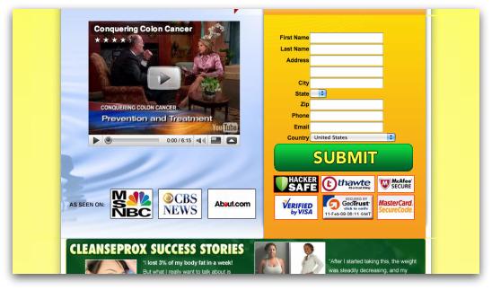 Clean Colon webpage asking for personal information