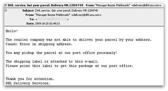Malicious DHL delivery email