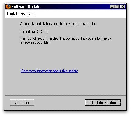 Dialog prompting users to upgrade to Firefox 3.5.4 Dialog prompting users to upgrade to Firefox 3.5.4