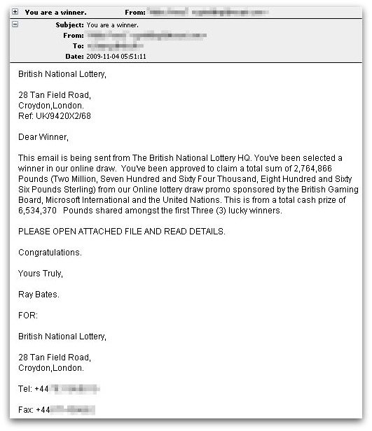 Bogus lottery email carries fake anti-virus payload