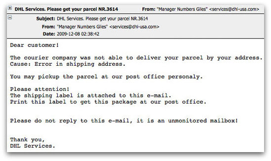 Dangerous DHL Services email, carrying malware