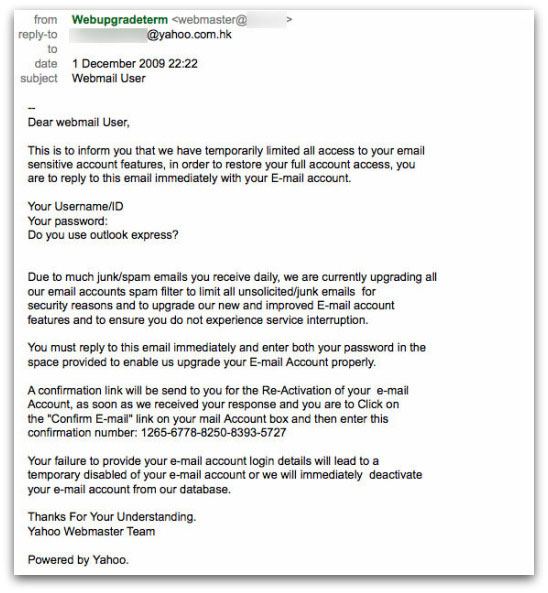 Phishing email claiming to come from Yahoo