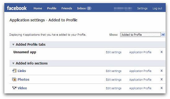 Facebook screen, including unnamed app