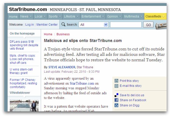 Star Tribune story about malicious adverts on its website Star Tribune story about malicious adverts on its website