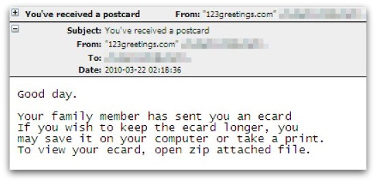 Malicious email pretending to be a postcard from a family member