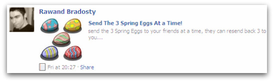 Rawand Bradosty offers links to help FarmVille plays send 3 Spring Eggs Rawand Bradosty offers links to help FarmVille plays send 3 Spring Eggs