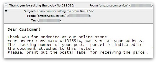 Malicious email pretending to come from Amazon.com for a Sony VAIO computer