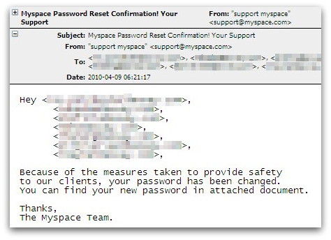Bogus MySpace password reset confirmation email Bogus MySpace password reset confirmation email