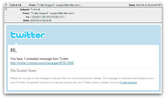 Spam email pretending to come from Twitter support