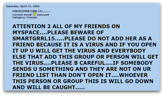 A warning about SMARTGRRL15 posted on MySpace in 2006 A warning about SMARTGRRL15 posted on MySpace in 2006