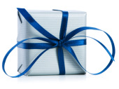 White gift box with blue ribbon