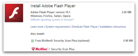 Adobe Flash update with unwanted McAfee