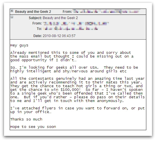 Beauty and the Geek malicious email
