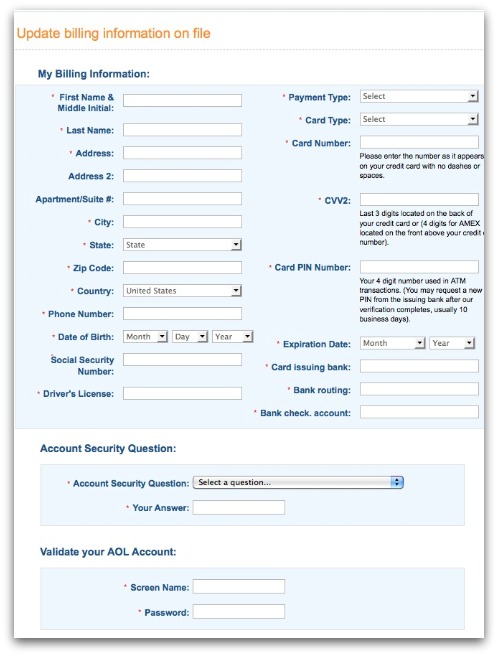 AOL phishing website