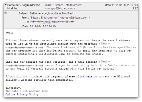 World of Warcraft phishing email World of Warcraft phishing email