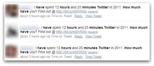 I have spent 12 hours and 25 minutes Twitter in 2011. How much have you? Findout