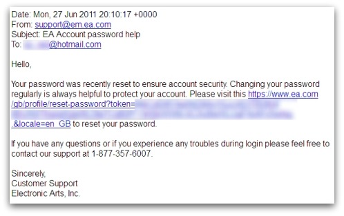 EA password reset email