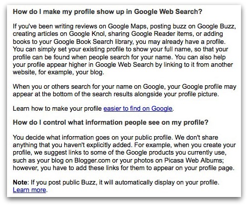 Google Profile help screen