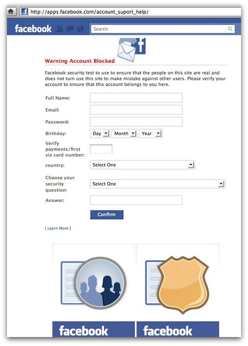 Facebook phishing page