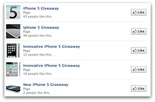 iPhone 5 giveaway pages on Facebook