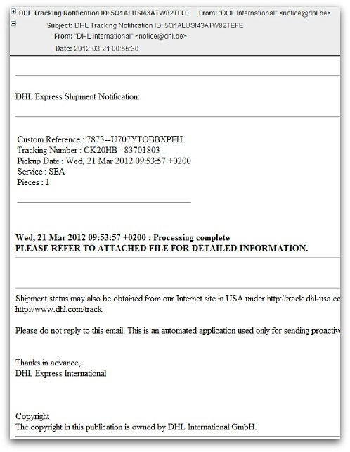 Malicious email claiming to come from DHL. Click for larger version