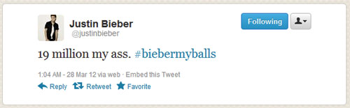 Justin Bieber hacked on Twitter
