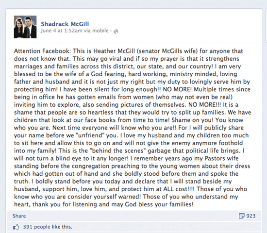 Message posted on Shadrack McGill's Facebook page