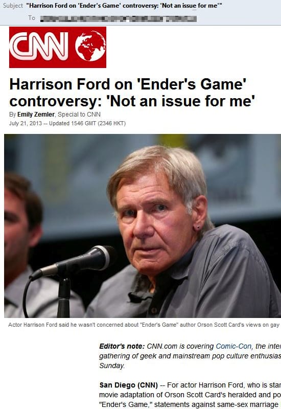 Harrison Ford breaking news email